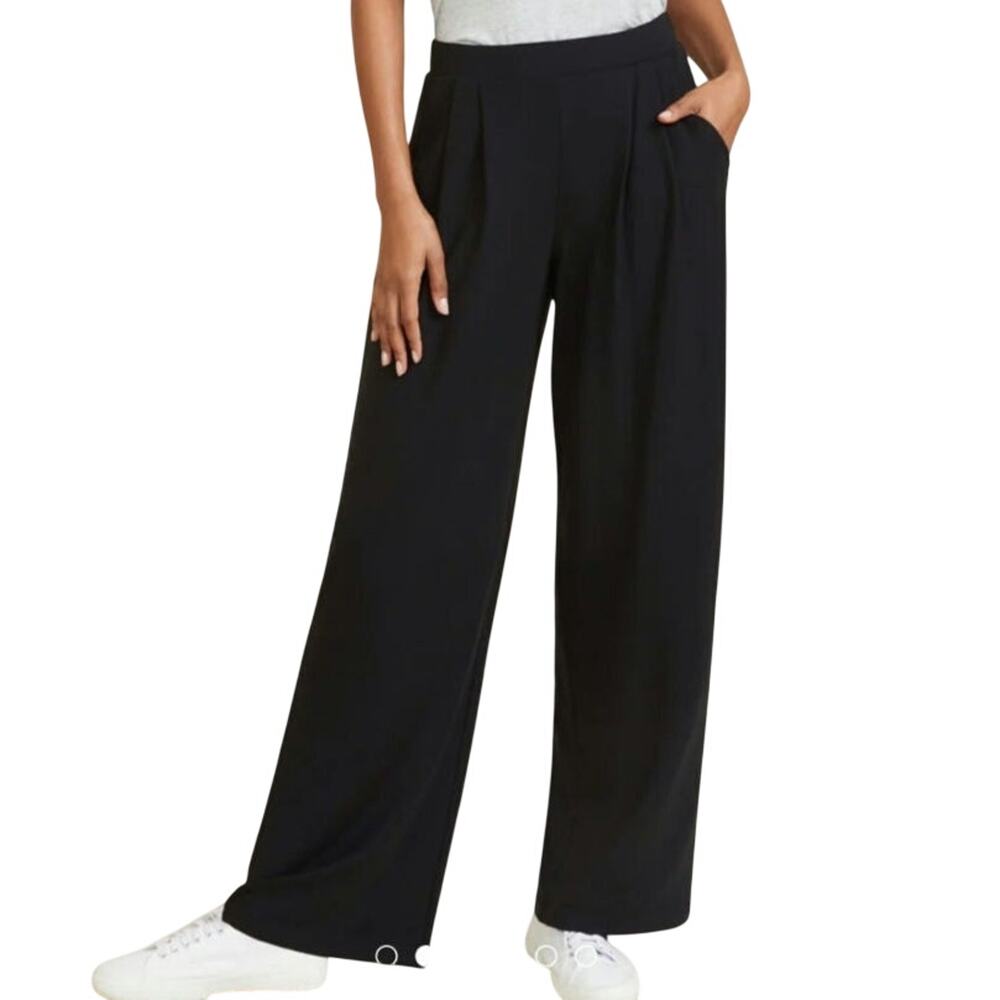 Garnet Hill Black High Rise Wide Leg Pull On Knit Trousers Minimalist Lounge